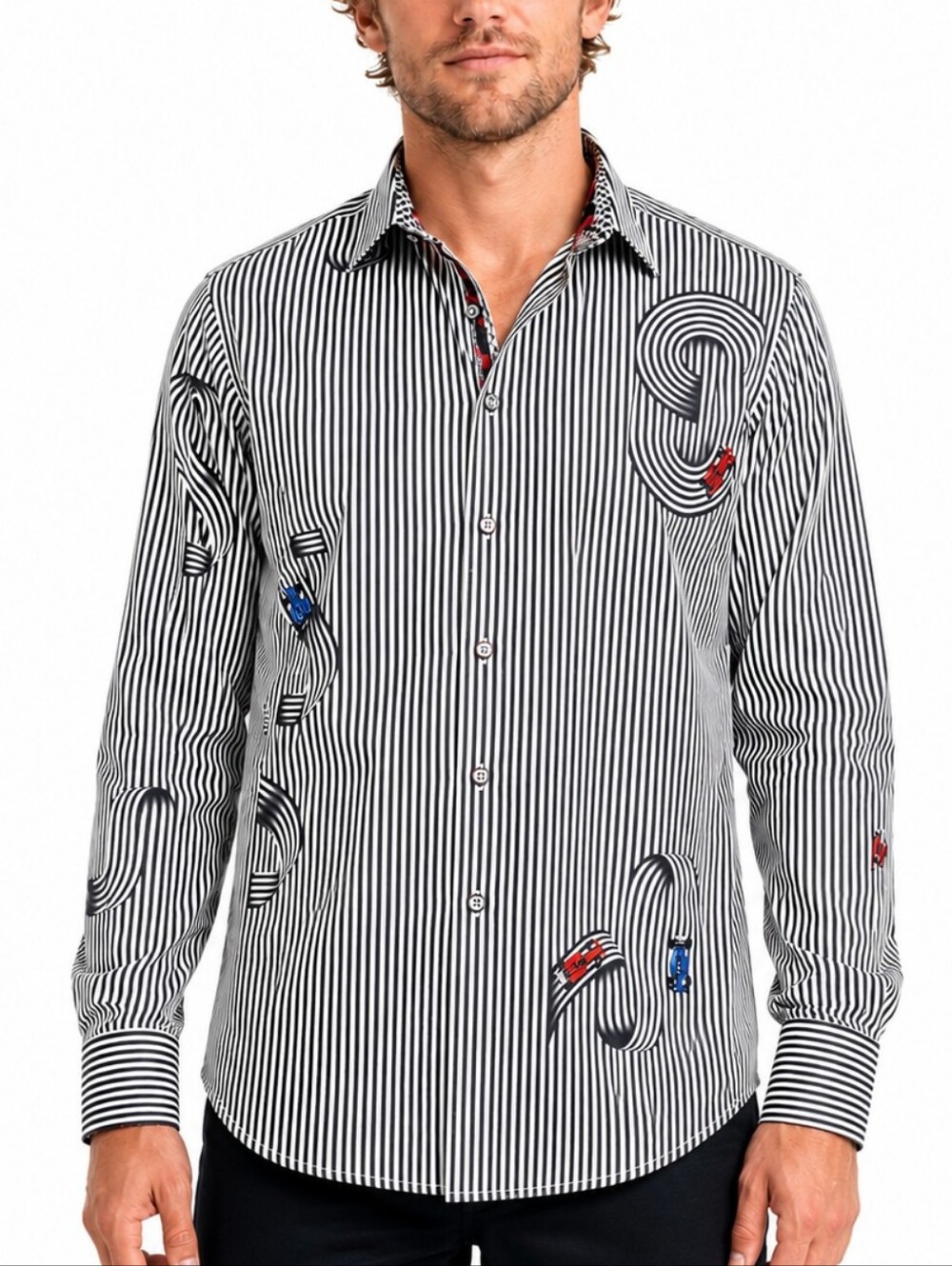 Robert Graham Men's XL Black White Stripe 3D Effect Race Car Button Down Shirt